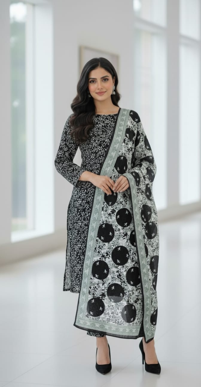 2 PC-Unstitched Printed Cambric Suit- MB