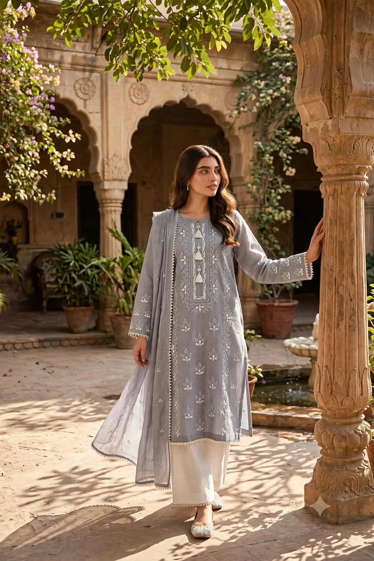 Grey - Embroidered 3-Piece Stitched Paper Cotton Suit