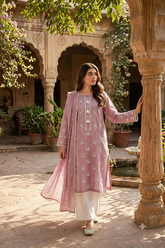 Pink - Embroidered 3-Piece Stitched Paper Cotton Suit