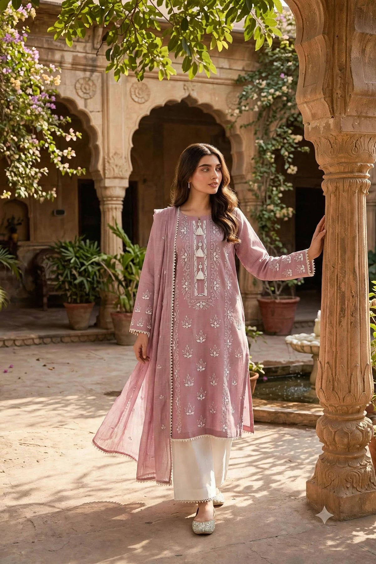 Pink - Embroidered 3-Piece Unstitched Paper Cotton Suit