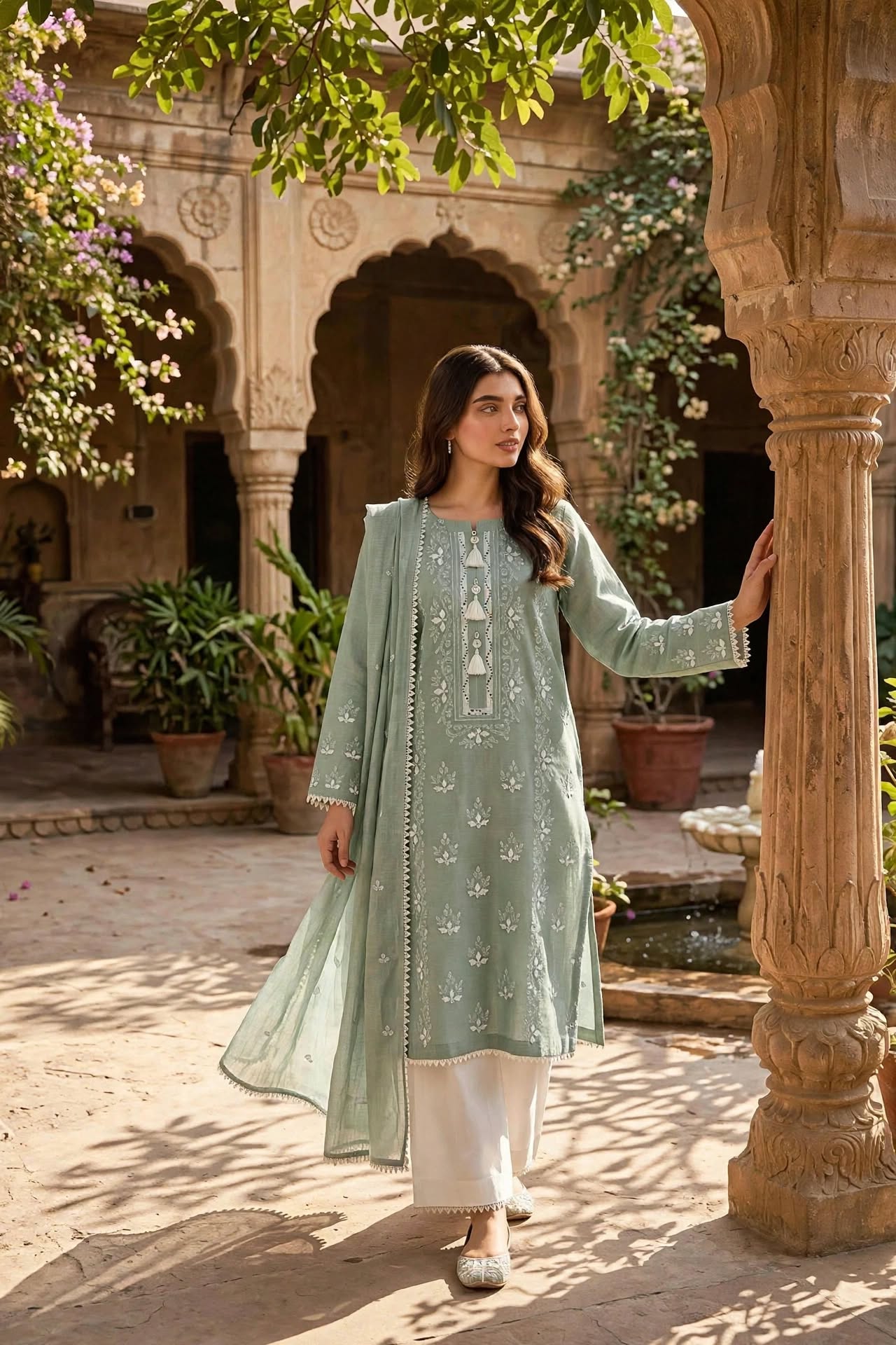 Sage Green - Embroidered 3-Piece Stitched Paper Cotton Suit