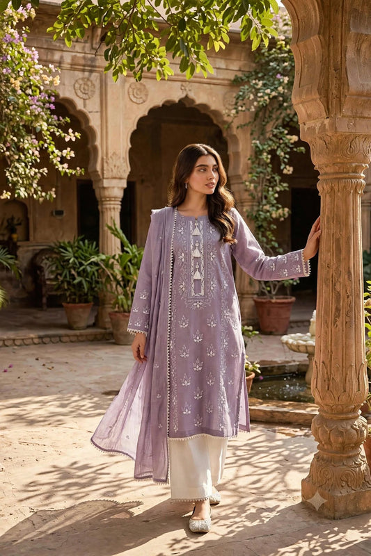 Purple - Embroidered 3-Piece Stitched Paper Cotton Suit