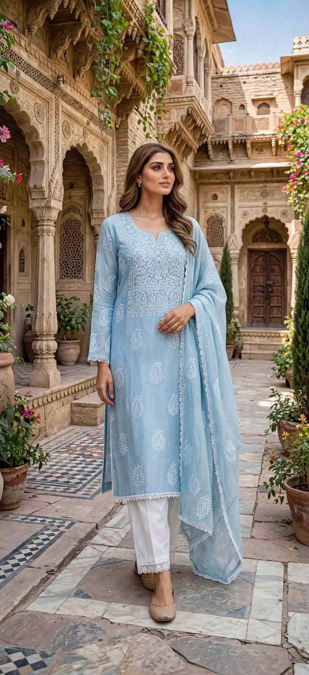 Ice Blue - Embroidered 3-Piece Stitched Paper Cotton Suit
