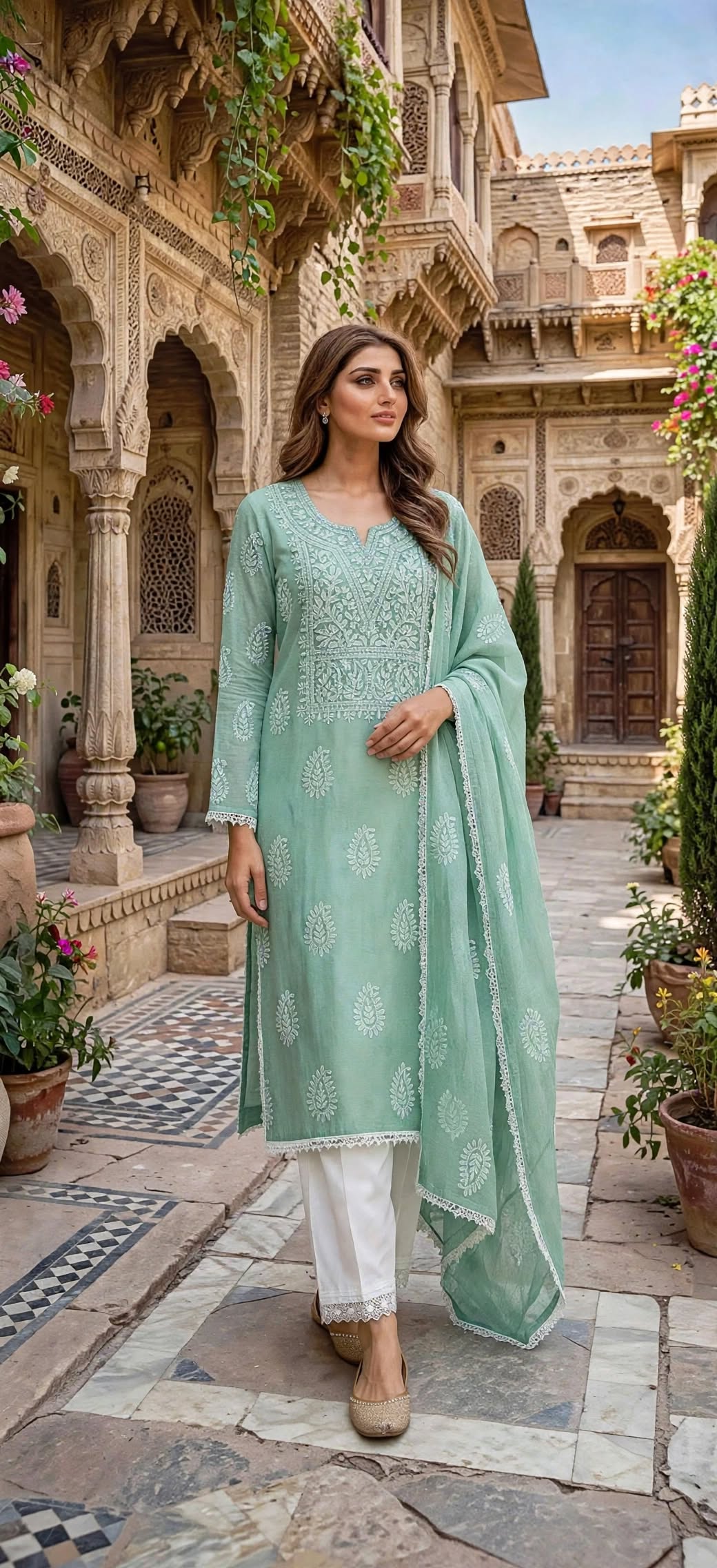 Mint Green - Embroidered 3-Piece Stitched Paper Cotton Suit
