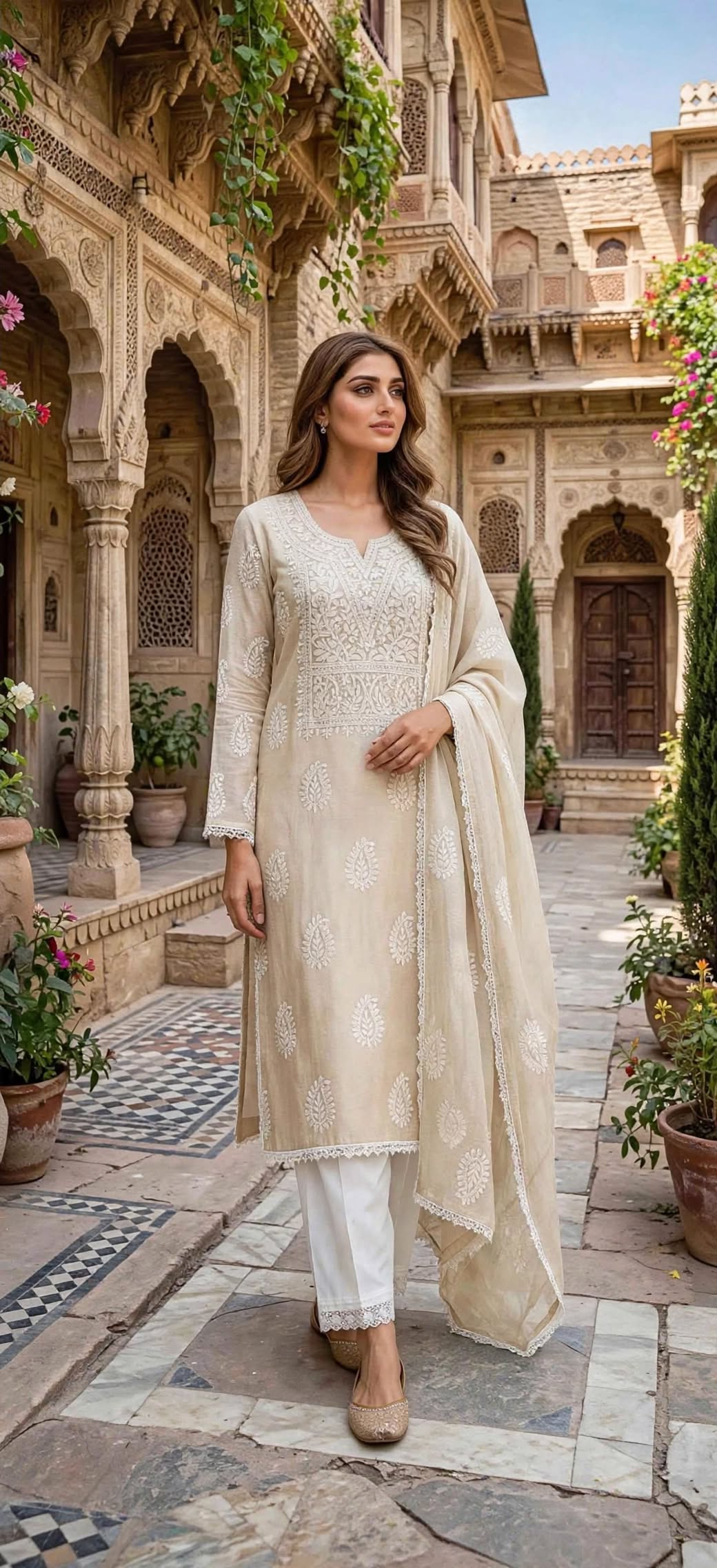 Beige - Embroidered 3-Piece Stitched Paper Cotton Suit