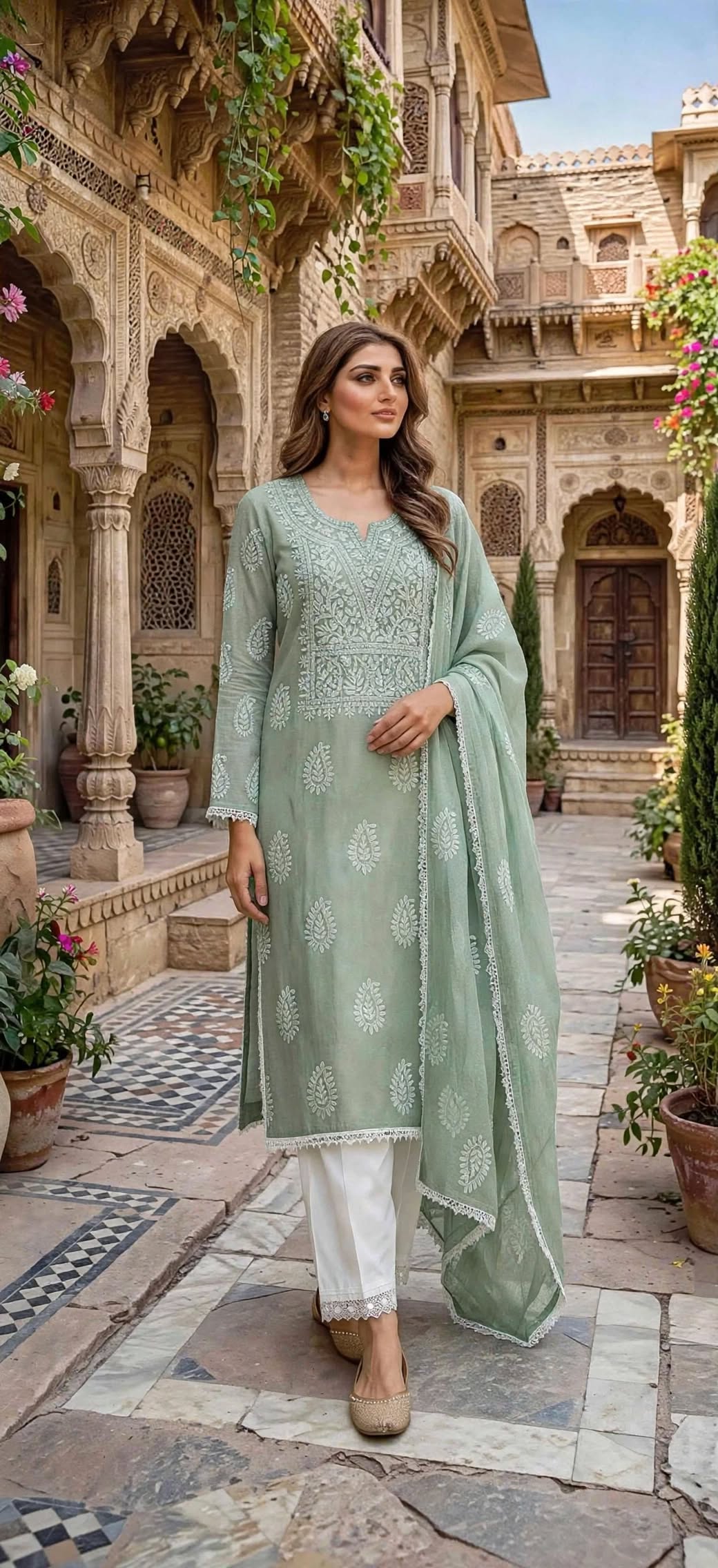 Sage Green - Embroidered 3-Piece Stitched Paper Cotton Suit