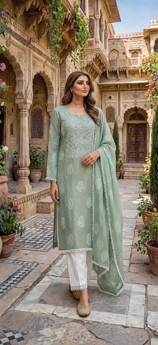 Sage Green - Embroidered 3-Piece Unstitched Paper Cotton Suit