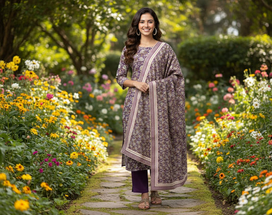 3 PC-Unstitched Printed Cambric Suit- PS