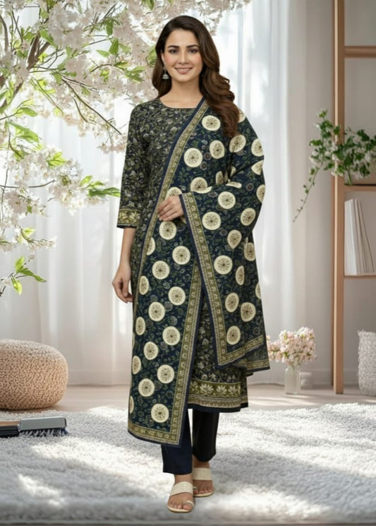 3 PC-Unstitched Printed Cambric Suit- BG