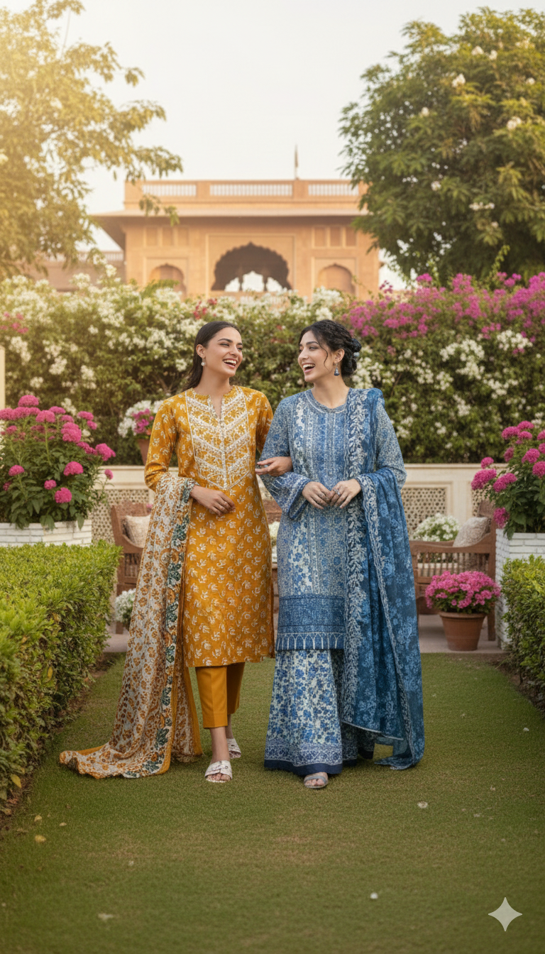 Two women in traditional outfits standing in a garden with flowers and a building in the background.