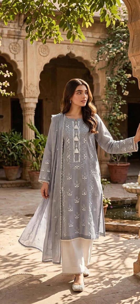 Grey - Embroidered 2-Piece Unstitched Paper Cotton Suit