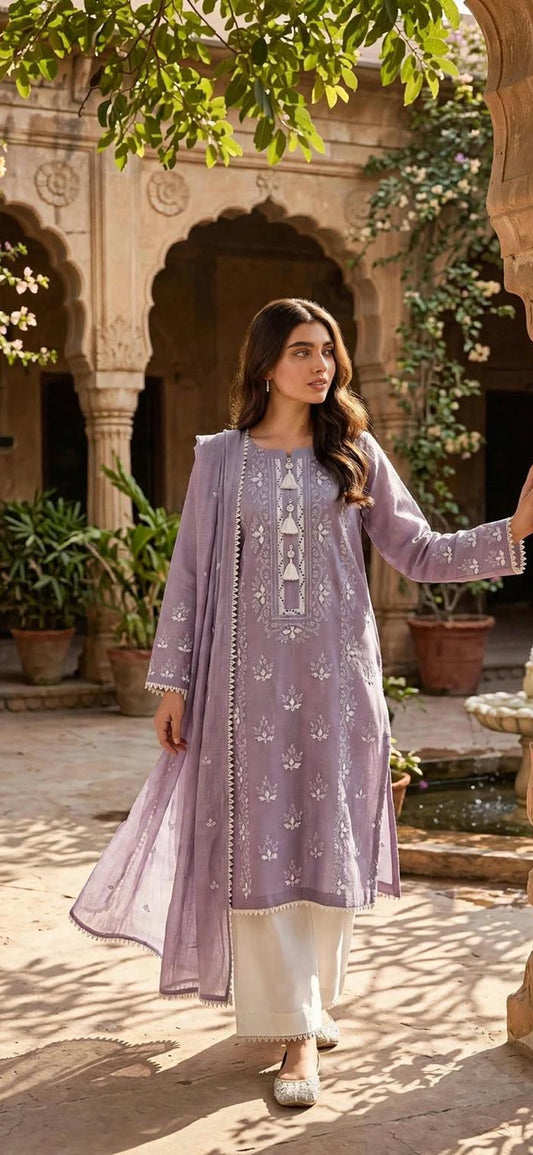 Lavender - Embroidered 2-Piece Unstitched Paper Cotton Suit