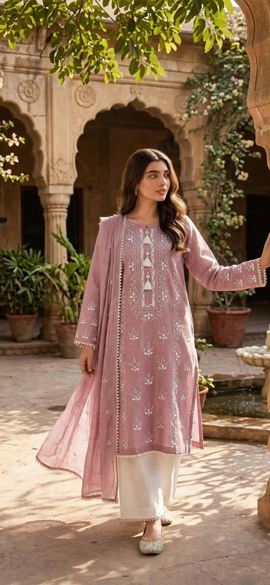 Pink - Embroidered 2-Piece Unstitched Paper Cotton Suit