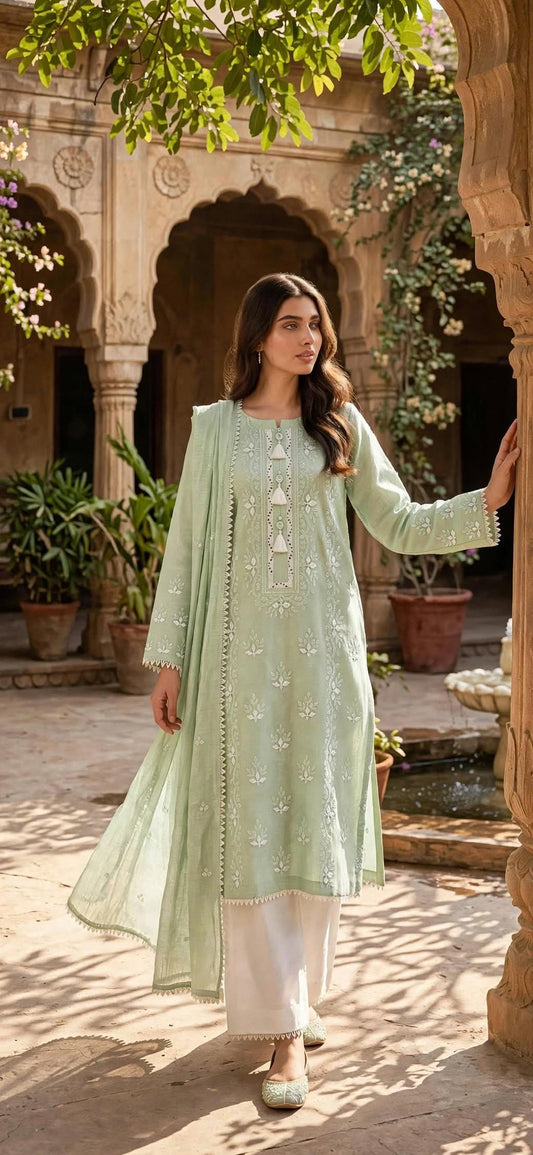 Green - Embroidered 2-Piece Unstitched Paper Cotton Suit