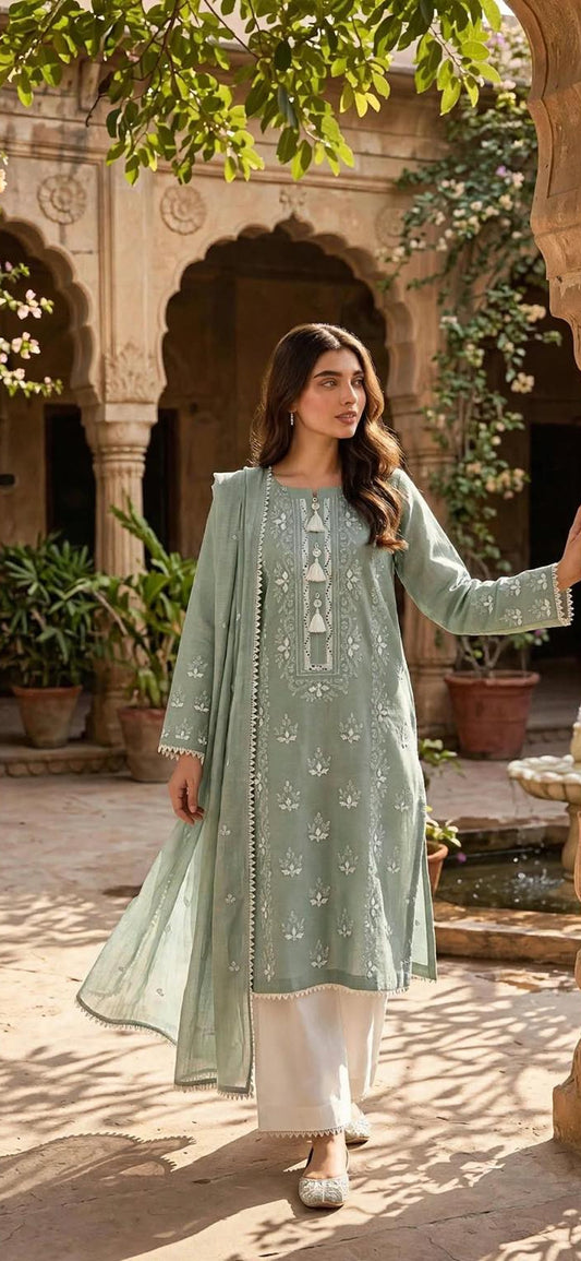 Sage Green - Embroidered 2-Piece Unstitched Paper Cotton Suit