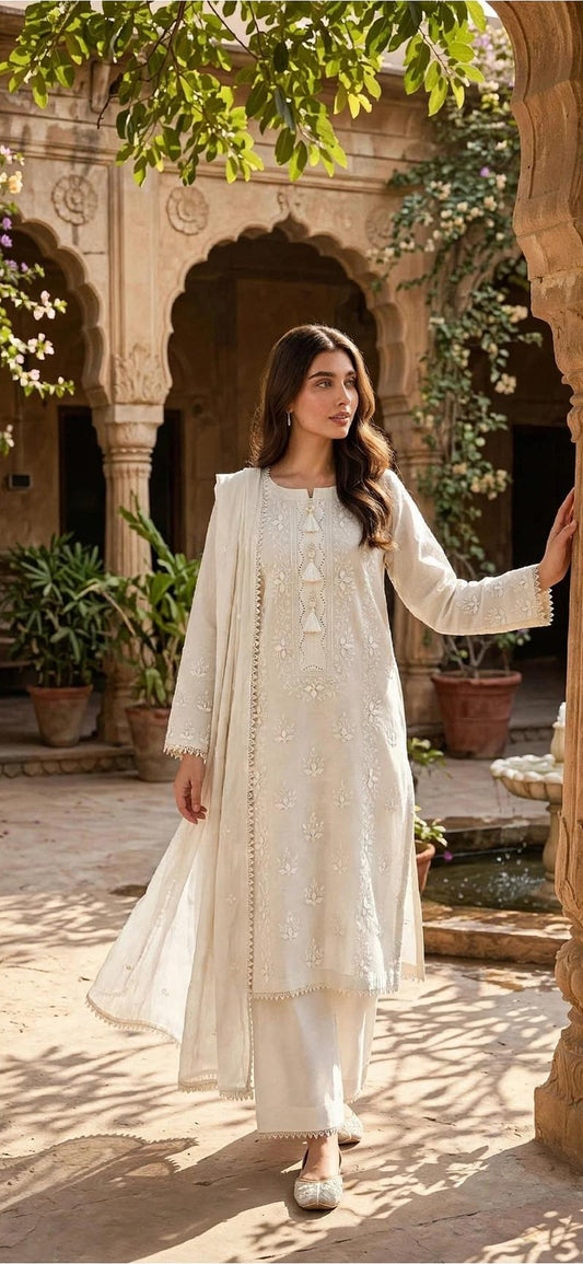 White - Embroidered 2-Piece Unstitched Paper Cotton Suit