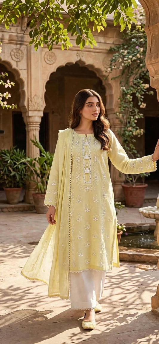 Yellow - Embroidered 2-Piece Unstitched Paper Cotton Suit
